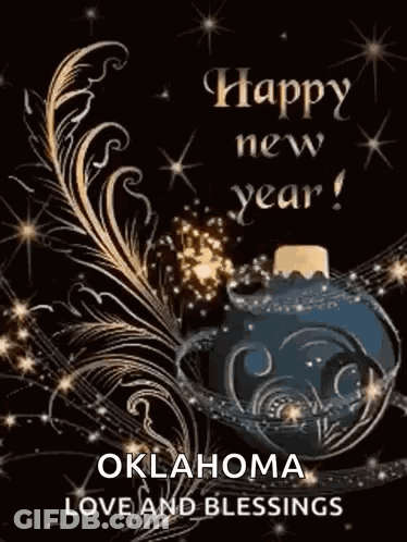 A Happy New Year Greeting Card With A Feather And A Christmas Ornament On A Black Background . GIF