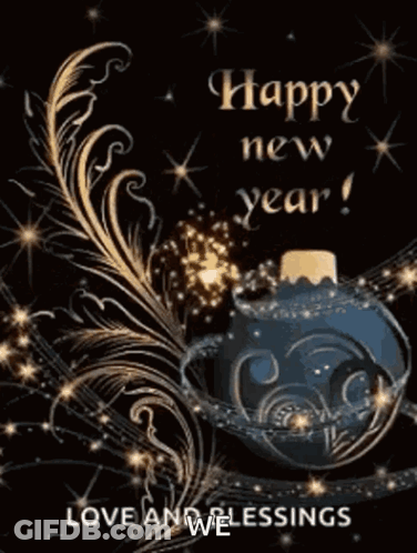 A Happy New Year Greeting Card With A Feather And A Fireworks Display GIF