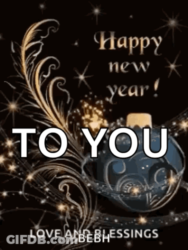 Happy New Year Card With Feather And Perfume Bottle GIF