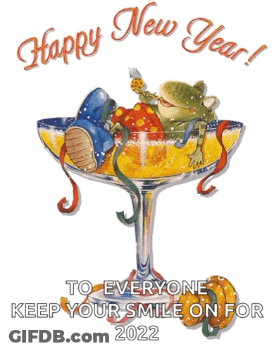 A Happy New Year Greeting Card With A Frog In A Champagne Glass GIF