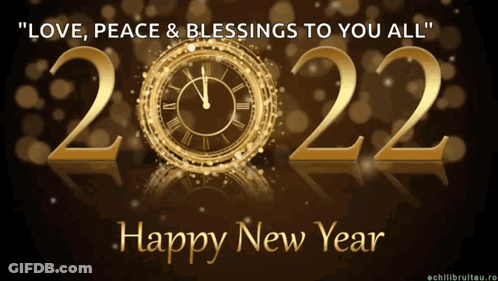 A Happy New Year Greeting Card With A Gold Clock And The Words " Love Peace & Blessings To You All " GIF