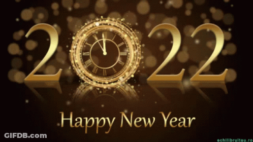 A Happy New Year Greeting Card With A Gold Clock In The Background GIF