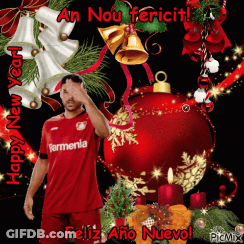 A Happy New Year Greeting Card With A Man Wearing A Red Farmania Jersey GIF
