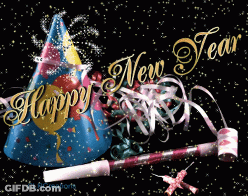 A Happy New Year Greeting Card With A Party Hat And A Party Horn GIF