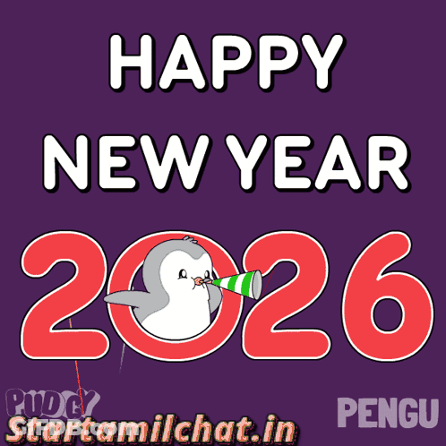 A Happy New Year Greeting Card With A Penguin Blowing A Horn GIF