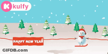 A Happy New Year Greeting Card With A Person Skiing Down A Snowy Hill GIF