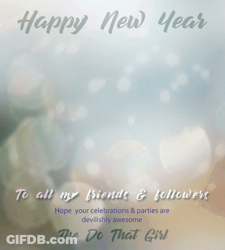 A Happy New Year Greeting Card With A Woman In A Crowd GIF