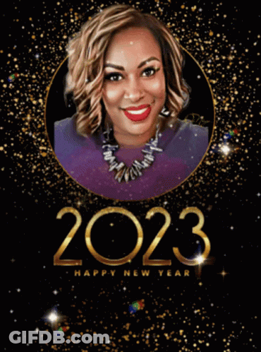 A Happy New Year Greeting Card With A Woman 'S Face And The Year 2023 GIF