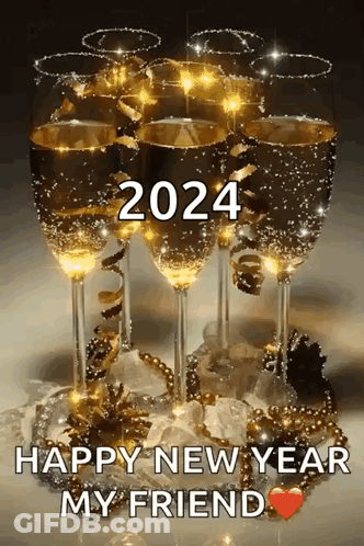 A Happy New Year Greeting Card With Champagne Glasses GIF