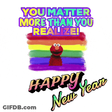 A Happy New Year Greeting Card With Elmo And A Rainbow Background GIF