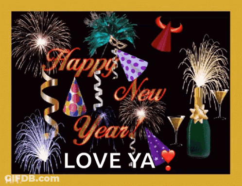 A Happy New Year Greeting Card With Fireworks And A Bottle Of Champagne GIF