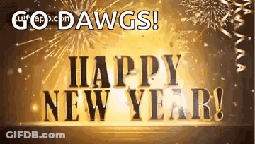 A Happy New Year Greeting Card With Fireworks And Confetti GIF