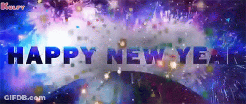 A Happy New Year Greeting Card With Fireworks And Confetti Falling GIF