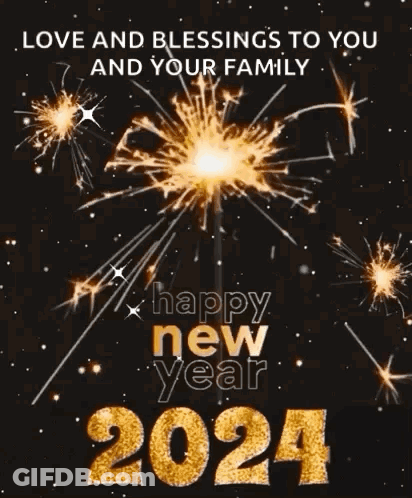 A Happy New Year Greeting Card With Fireworks And The Words `` Love And Blessings To You And Your Family '' GIF