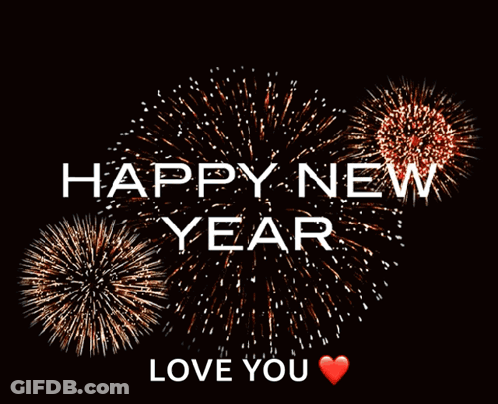 A Happy New Year Greeting Card With Fireworks Behind It GIF