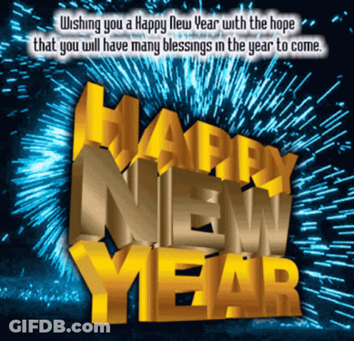 A Happy New Year Greeting Card With Fireworks Behind It GIF