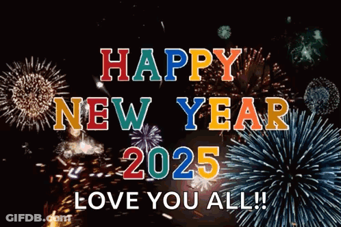 A Happy New Year Greeting Card With Fireworks Behind It GIF
