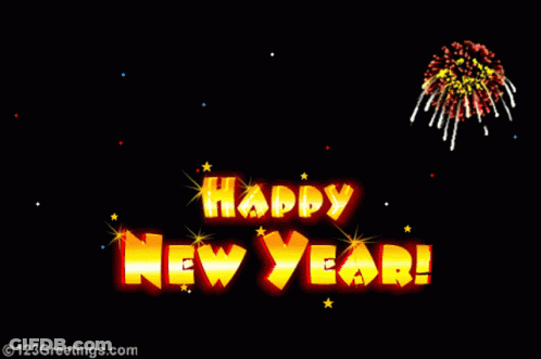 A Happy New Year Greeting Card With Fireworks Behind It GIF