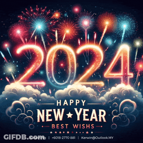 A Happy New Year Greeting Card With Fireworks Behind The Number 2024 GIF