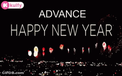 A Happy New Year Greeting Card With Fireworks In The Background GIF