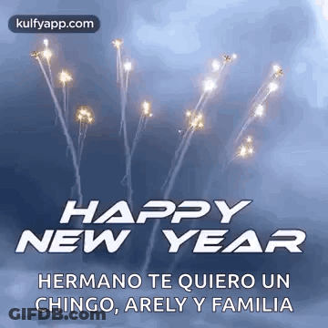 A Happy New Year Greeting Card With Fireworks In The Sky GIF