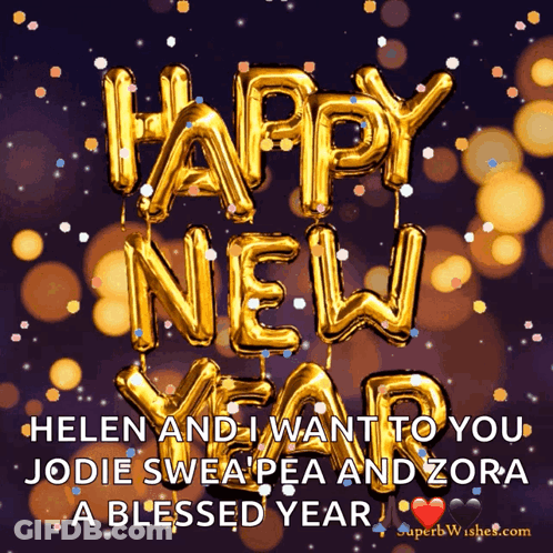 A Happy New Year Greeting Card With Gold Balloons And Confetti GIF