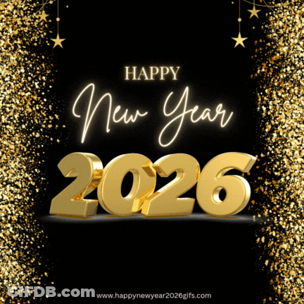 A Happy New Year Greeting Card With Gold Numbers 2026 GIF