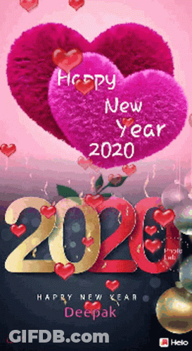 A Happy New Year Greeting Card With Hearts And Numbers 2020 GIF