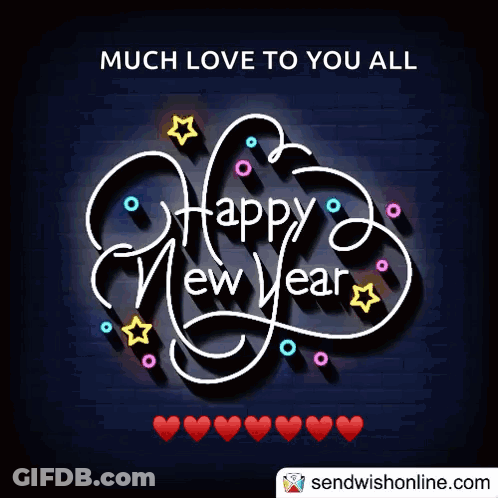 A Happy New Year Greeting Card With Hearts And Stars GIF