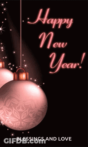 A Happy New Year Greeting Card With Pink Christmas Balls GIF
