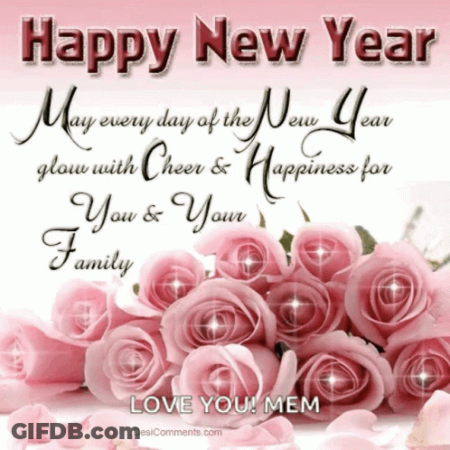 A Happy New Year Greeting Card With Pink Roses And Petals GIF