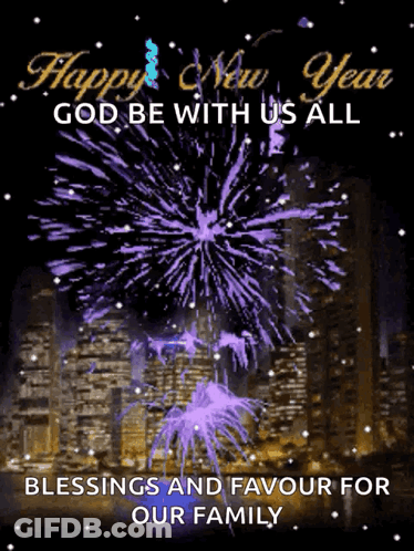 A Happy New Year Greeting Card With Purple Fireworks GIF