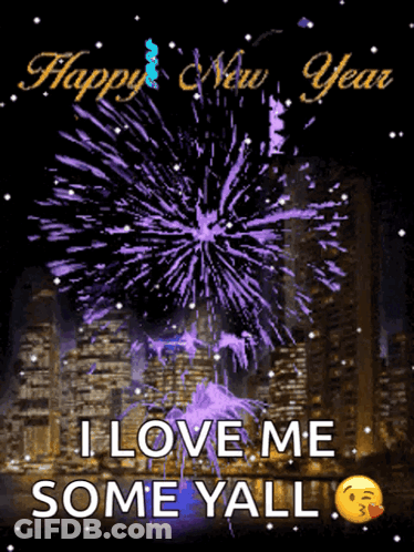 A Happy New Year Greeting Card With Purple Fireworks GIF