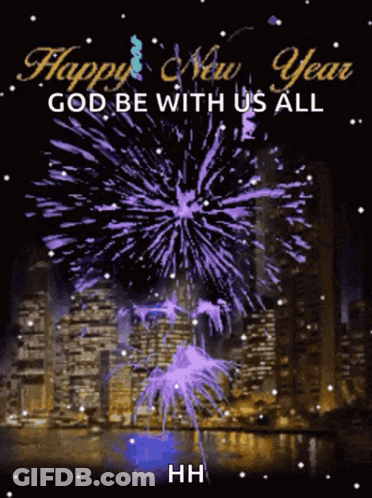 A Happy New Year Greeting Card With Purple Fireworks GIF