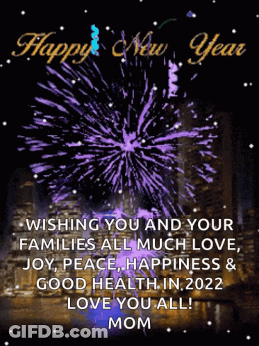A Happy New Year Greeting Card With Purple Fireworks Exploding In The Background GIF