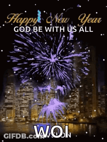 A Happy New Year Greeting Card With Purple Fireworks GIF