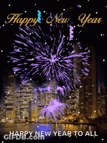 A Happy New Year Greeting Card With Purple Fireworks In The Background GIF