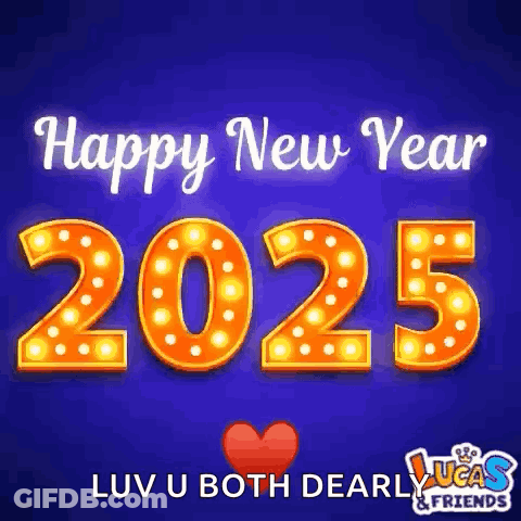 A Happy New Year Greeting Card With The Numbers 2025 On A Blue Background GIF