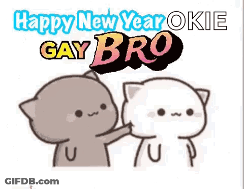 A Happy New Year Greeting Card With Two Cats Standing Next To Each Other On A White Background . GIF