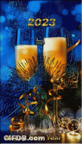 Happy New Year Card With Champagne And Fireworks GIF