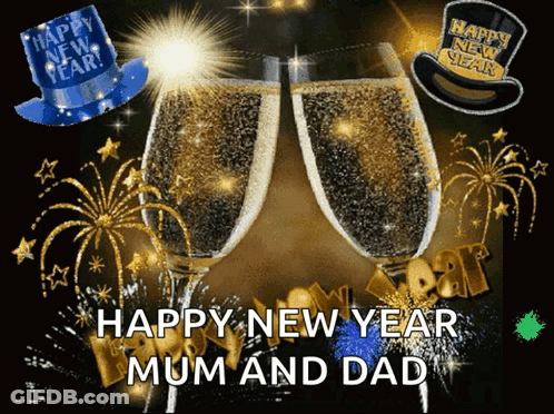 A Happy New Year Greeting Card With Two Glasses Of Champagne And Fireworks GIF
