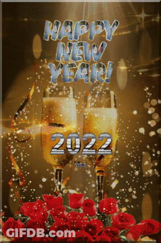 A Happy New Year Greeting Card With Two Glasses Of Champagne GIF