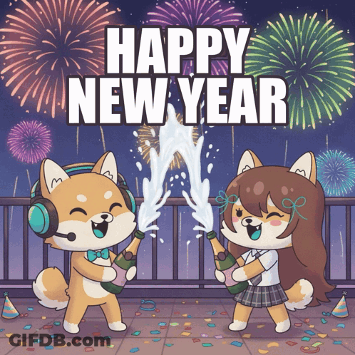 A Happy New Year Greeting Card With Two Shiba Inus GIF