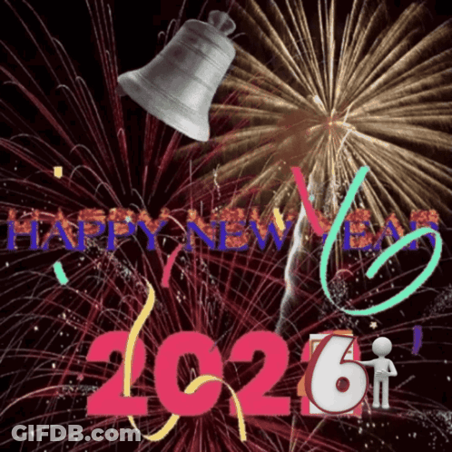 A Happy New Year Greeting With A Bell And Fireworks GIF