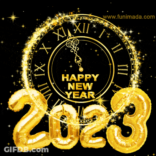 Happy New Year Greeting With Clock And Balloons GIF