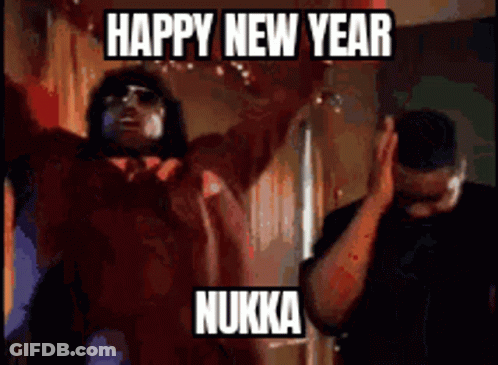 A Happy New Year Greeting With A Picture Of Two Men GIF
