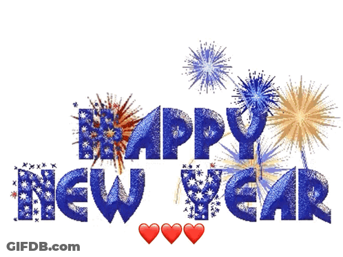 A Happy New Year Greeting With Fireworks Behind It GIF