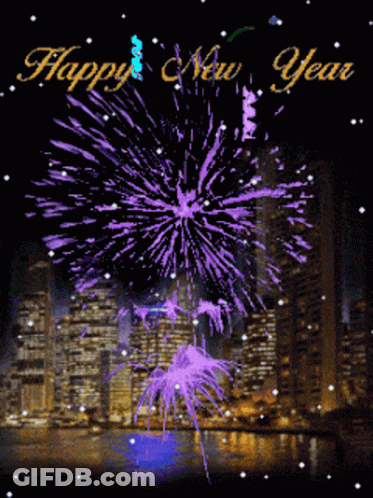A Happy New Year Greeting With Purple Fireworks In The Background GIF