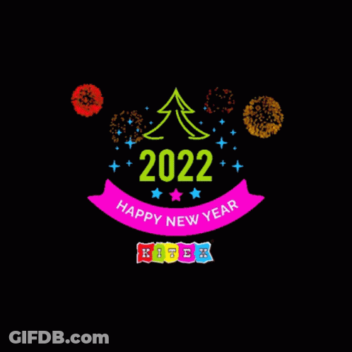 A Happy New Year Logo With Fireworks And The Year 2022 GIF