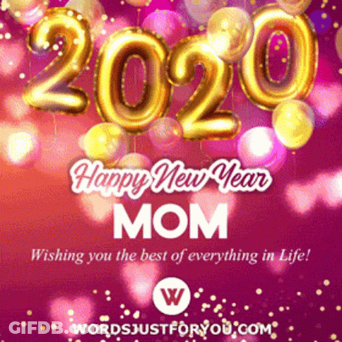 A Happy New Year Mom Greeting Card With Balloons And Hearts GIF